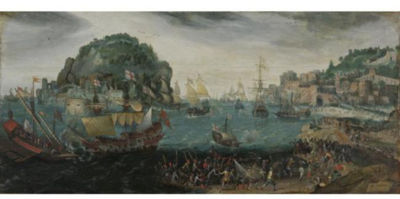 Adam Willaerts : A ROCKY COASTAL LANDSCAPE WITH A SKIRMISH BETWEEN ENGLISH VESSELS AND GALLEYS