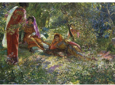 Georges Antoine Rochegrosse : YOUNG WOMEN RESTING IN THE GARDEN AT 'EL BIAR' IN ALGIERS