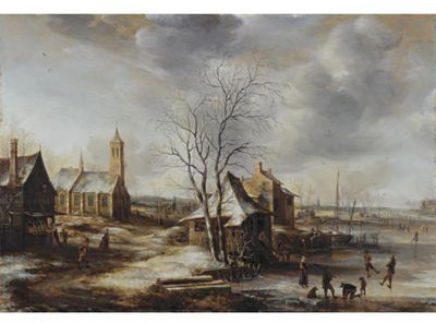 Jan Abrahamsz Beerstraten : A Winter Landscape, Possibly Amerongen, with Skaters on a Frozen River and Figures Entering a Church to the Left, the Tower of Rhenen Church in the Distance