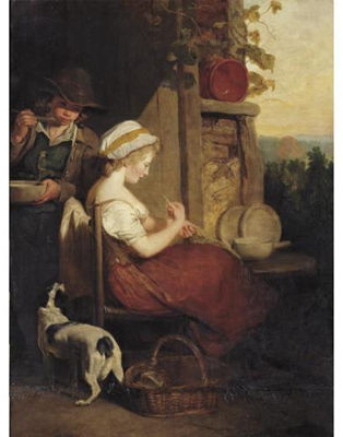 Francis Wheatley : A Young Lady Seated Outside a Cottage Mending a Net, with a Young Boy Behind Eating from a bowl, 'The Industrious Cottager'