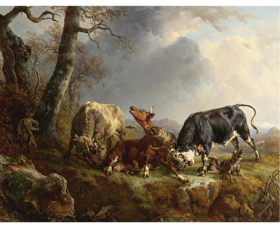 Jacques-Raymond Brascassat : TWO BULLS DEFENDING A COW ATTACKED BY WOLVES