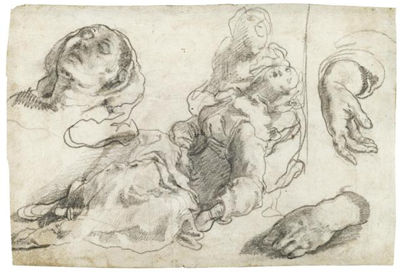 Taddeo Zuccaro : Recto: the virgin fainting, supported by one of the holy women, with subsidiary studies of the virgin's head and hands;