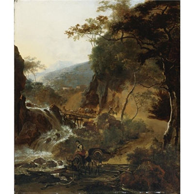 Adam Pynacker : FIGURES AND CATTLE CROSSING A BRIDGE