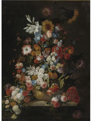 Hieronymus Galle : STILL LIFE OF ROSES, TUIPS, MORNING GLORIES....