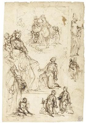 Francesco Vanni : SHEET OF STUDIES WITH THE CORONATION OF THE VIRGIN AND VARIOUS SAINTS