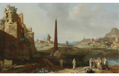 Bartholomeus Breenbergh : EXTENSIVE ITALIANATE LANDSCAPE WITH THE FINDING OF MOSES