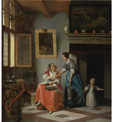 Pieter De Hooch : A WOMAN HANDING A COIN TO A SERVING WOMAN WITH A CHILD