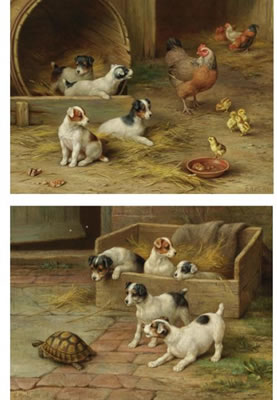 Edgar Hunt : PUPPIES AND CHICKENS AND PUPPIES AND A TORTOISE: TWO WORKS