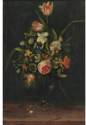 Frans (Francois) Ykens : STILL LIFE OF ROSES, TULIPS, NARCISSUS AND OTHER FLOWERS IN A GLASS VASE