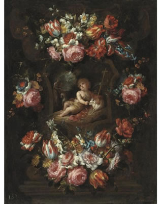 Bartolomeo Perez : CARTOUCHE WITH TULIPS, ROSES AND OTHER FLOWERS AND SAINT JOHN THE BAPTIST