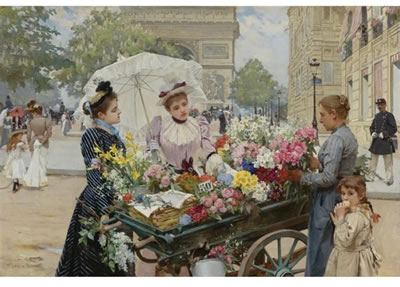 Louis Marie De Schryver : THE FLOWER SELLER ON THE CHAMPS ÉLYSÉES