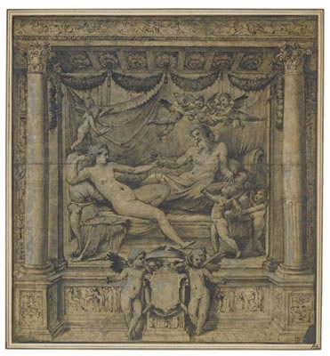 Pietro Buonaccorsi : JUPITER AND JUNO RECLINING IN AN ALCOVE ATTENDED BY AMORINI, TWO OTHERS HOLDING A HERALDIC SHIELD BELOW