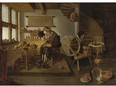 Quiringh Gerritsz Brekelenkam : A COBBLER AT WORK, HIS WIFE SPINNING WOOL