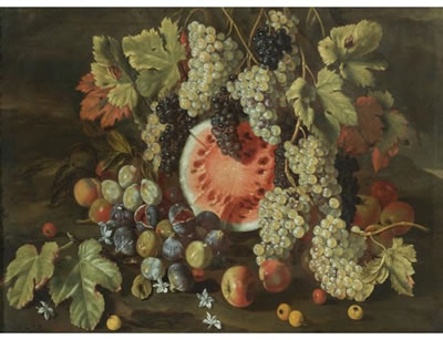 Giovanni Battista Ruoppolo : STILL LIFE IN A LANDSCAPE, WITH GRAPES, WATERMELONS, FIGS AND APPLES