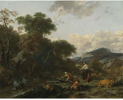 Nicholaes Pietersz Berchem : A LANDSCAPE WITH FIGURES