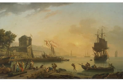 Claude-Joseph Vernet : A GRAND VIEW OF THE SEA SHORE ENRICHED WITH BUILDINGS, SHIPPING AND FIGURES