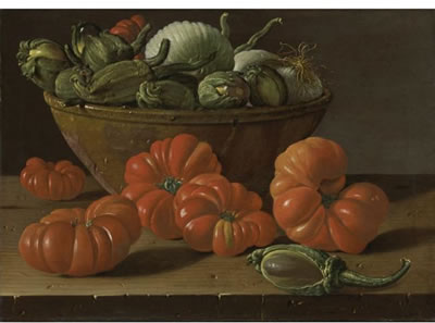 Luis Egidio Melendez : STILL LIFE WITH TOMATOES, A BOWL OF AUBERGINES AND ONIONS