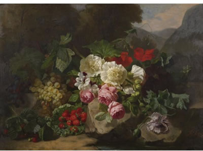 Henri Robbe : STILL LIFE WITH FLOWERS AND FRUIT