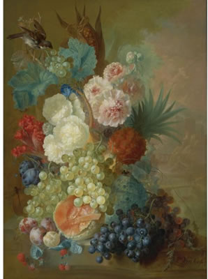 Jan van Os : STILL LIFE OF PEONIES, A COCK'S COMB AND MORNING GLORIES WITH A PINEAPPLE, EAR OF CORN, MELONS, GRAPES, PLUMS AND RASPBERRIES ALL RESTING ON A STONE LEDGE WITH A FINCH, A DRAGONFLY AND OTHER INSECTS, A ROCKY LANDSCAPE WITH A WATERFALL, TOWER AND BRIDGE BE