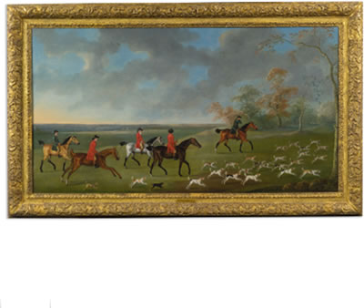 John Nost Sartorius : GROUP OF MOUNTED FOX HUNTERS WITH HOUNDS (CASTING TO COVER)