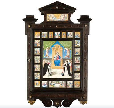 Giovanni Battista Castello : A PORTABLE ALTARPIECE, WITH THE VIRGIN AND CHILD ENTHRONED, FLANKED BY TWO ANGELS, POPE PIUS V AND VARIOUS SAINTS IN ADORATION; THE CENTRAL IMAGE SURROUNDED BY TWENTY THREE SMALLER SCENES