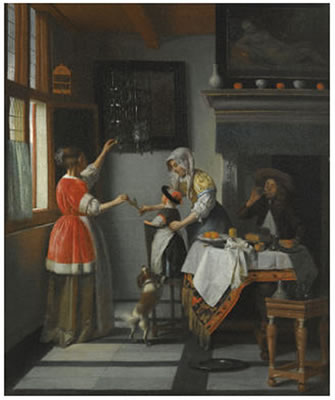 Pieter De Hooch : INTERIOR WITH A CHILD FEEDING A PARROT