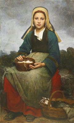 Emile Auguste Hublin : A YOUNG GIRL HOLDING A BASKET OF EGGS