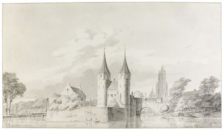 Paulus Van Liender : VIEW OF THE OOSTPOORT, DELFT, WITH THE NIEUWE KERK AND OUDE KERK BEHIND