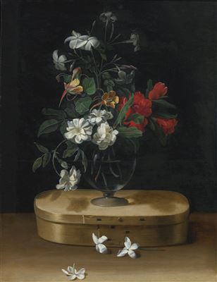 Jean Michel Picart : VASE OF FLOWERS ON A CHIPBOARD BOX