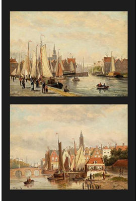 Johannes Frederick II Hulk : TWO VIEWS OF SHIPS IN THE HARBOUR OF A DUTCH TOWN (A PAIR)