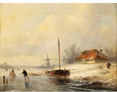 Johannes Franciscus Hoppenbrouwers : SKATERS ON A FROZEN WATERWAY