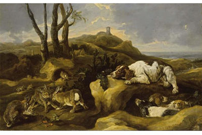 Jan Fyt : SPANIELS STALKING RABBITS IN THE DUNES, A VIEW OF THE SEA BEYOND