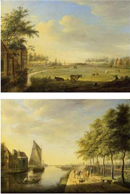 Johannes Janson : A VIEW OF A CANAL WITH BOATS BY A VILLAGE AND A SHEPHERD WITH HIS CATTLE ON A PATH; AN EXTENSIVE LANDSCAPE WITH A WOMAN MILKING A COW, WITH CATTLE AND HORSES IN A MEADOW, A MILL IN THE DISTANCE