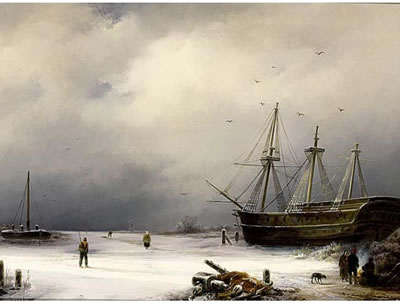 Anton Braakman : A THREE-MASTER IN A WINTER LANDSCAPE