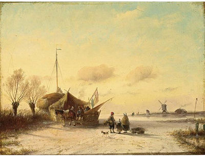 Jan Evert Morel II : FIGURES NEAR A ´KOEK EN ZOPIE´ ON A FROZEN WATERWAY