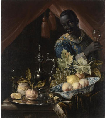 Juriaan van Streek : A STILL LIFE WITH PEACHES AND A LEMON IN A WAN-LI BOWL, ORANGES AND WALNUTS ON A SILVER PLATE, GRAPES, A ROEMER, A SILVER CAN AND A KNIFE, ALL ON A DRAPED TABLE, TOGETHER WITH A BLACK SERVANT