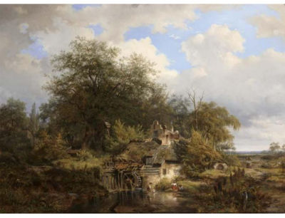 Johannes Gijsbertus Ravenswaay : A HOMESTEAD WITH A WATERWHEEL ON THE BOUNDARIES OF A FOREST