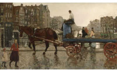 George Hendrik Breitner : A HORSE-DRAWN CART CROSSING THE EENHOORNSLUIS ON THE KORTE PRINSENGRACHT, AMSTERDAM