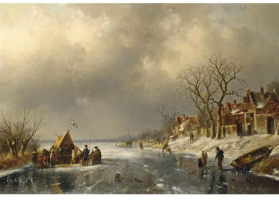 Charles Henri Joseph (Ch) Leickert : SKATERS ON A FROZEN RIVER WITH FIGURES NEAR A ´KOEK EN ZOPIE´