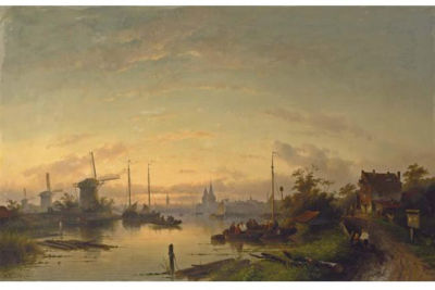 Charles Henri Joseph (Ch) Leickert : A RIVER SCENE AT DUSK, WINDMILLS IN THE DISTANCE