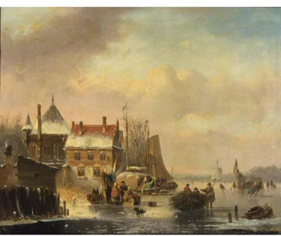 Jacobus Van Der Stok : MANY SKATERS NEAR A TOWN ON THE WATERFRONT, A WINDMILL IN THE DISTANCE