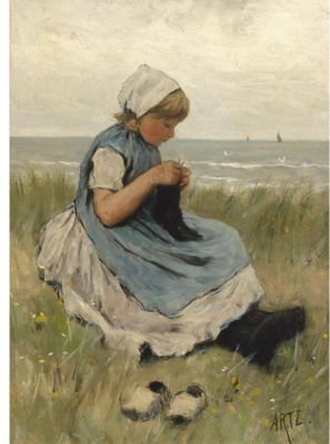 Adolph Artz : A GIRL KNITTING IN THE DUNES