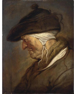 Jan van de Venne : A STUDY OF AN ELDERLY LADY, HEAD AND SHOULDERS, EN PROFILE, LOOKING TO THE LEFT, WEARING A BONNET WITH A WHITE HEADDRESS UNDERNEATH AND A COAT WITH A FUR COLLAR