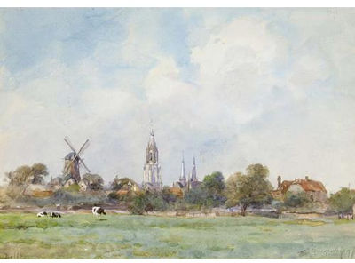 Adrianus Johannes Groenewegen : Cows in a Meadow, a View of Delft Deyond