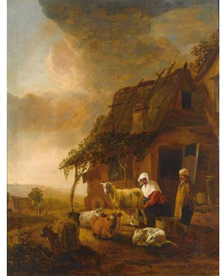 Jan Baptist Wolfaerts : A Shepherdess Milking Sheep Near a Farmhouse