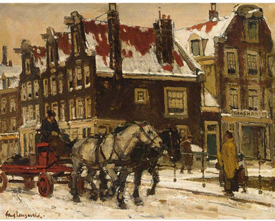 Frans Langeveld : A Horse Drawn Cart on a Bridge in Wintry Amsterdam