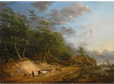 Pierre Hellemans : A COWHERD AND HIS COWS ON A COUNTRY ROAD