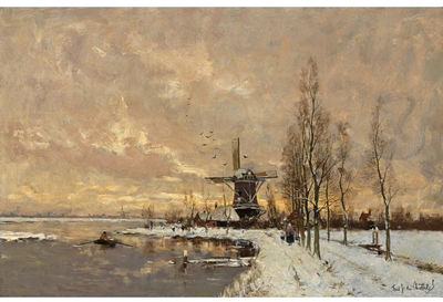 Frederik Jacobus Du Chattel : WINDMILLS IN A SNOW COVERED LANDSCAPE