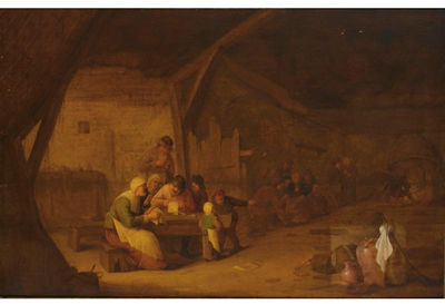 Bartholomeus Jansz Molenaer : An interior of an inn with peasants singing at a table