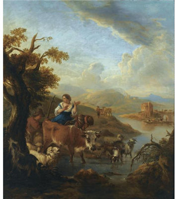 Michiel Carree : A SHEPHERD AND A SHEPHERDESS WITH THEIR HERD FORDING A RIVER IN AN ITALIANATE LANDSCAPE, A TOWER IN THE DISTANCE